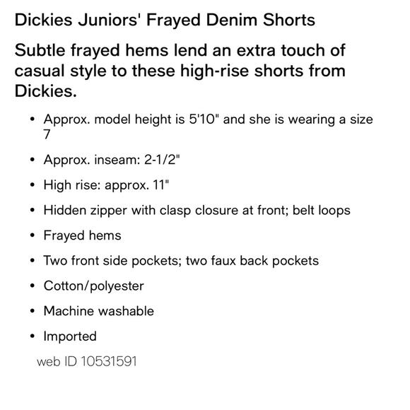 Dickies Shorts NWT Frayed Hem White Worker Front Pockets High Rise Red Logo 3 - Picture 6 of 7